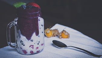 Purple Berry Smoothie Bowl in Glass Jar with Fresh Fruit Garnish