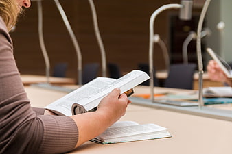Student Reading Books in University Library Study Hall