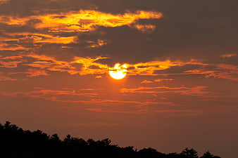Vibrant orange sunset with sun behind clouds over tree silhouette