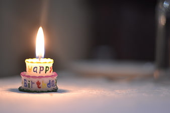 Lit Happy Birthday Cake Candle on Table