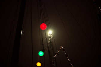 Bokeh Traffic Lights and Street Lamp at Night