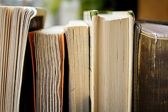 Close-up of old book spines and pages on a shelf