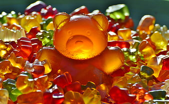 Giant Orange Gummy Bear Surrounded by Colorful Candy