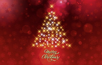 Merry Christmas Greeting Card With Glowing Star Tree On Red Background