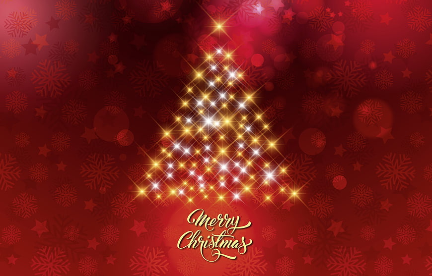 Merry Christmas Greeting Card With Glowing Star Tree On Red Background