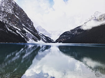 Serene Winter Mountain Lake with Snowy Peaks and Reflections