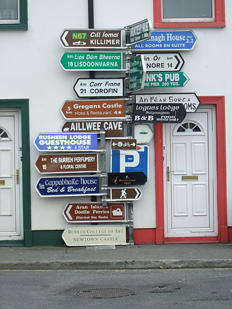 Colorful Directional Signpost Cluster On White Wall In Ireland