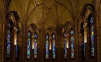 Gothic Cathedral Interior with Stained Glass Windows