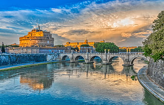 Castel Sant'Angelo and Ponte Sant'Angelo in Rome at Golden Hour