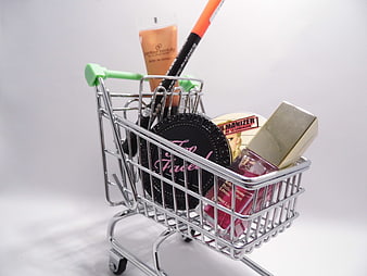 Miniature Shopping Cart Filled with Makeup and Cosmetics
