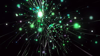 Abstract green particle explosion with glowing sphere on black background