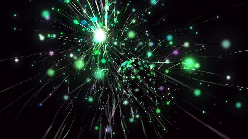 Abstract green particle explosion with glowing sphere on black background