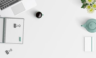 Minimalist white workspace flat lay with laptop, coffee, and flowers