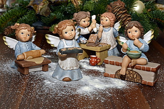 Christmas Angel Figurines Baking Cookies And Gingerbread House