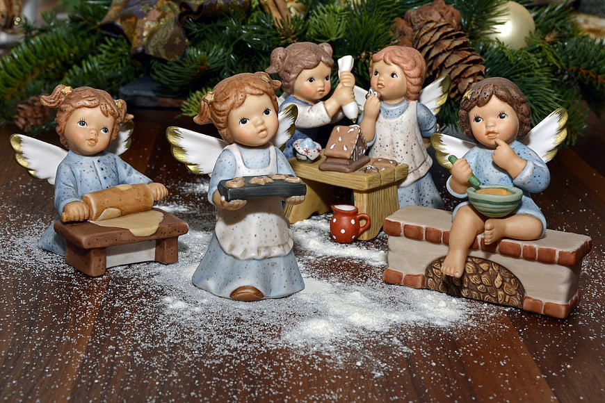 Christmas Angel Figurines Baking Cookies And Gingerbread House