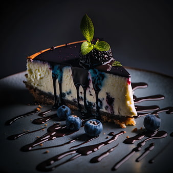 Gourmet blueberry cheesecake slice with chocolate drizzle
