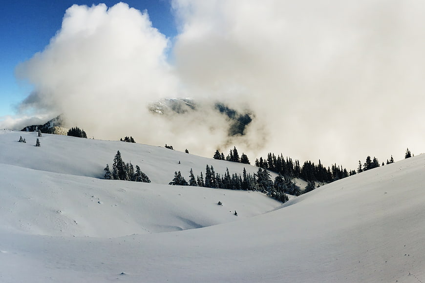 Snowy Mountain Landscape with Clouds and Pine Trees