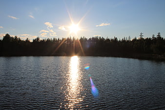 Sunset over a calm lake with forest silhouette and sun reflection