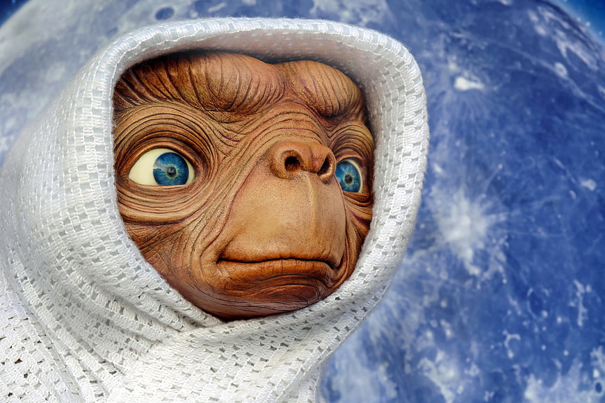 Close-up of E.T. the Extra-Terrestrial wrapped in white blanket