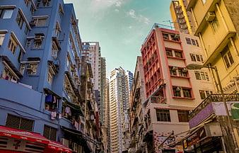 Colorful Hong Kong Street Architecture With Skyscrapers
