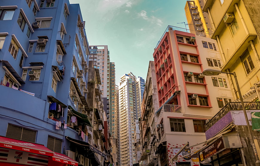 Colorful Hong Kong Street Architecture With Skyscrapers