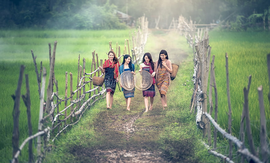 Four Asian women walking on rural path through rice fields