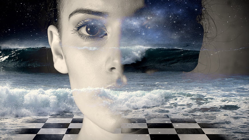 Double Exposure Woman Face with Ocean Waves and Starry Sky
