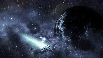 Futuristic Spaceship Flying Through Nebula Near Dark Planet