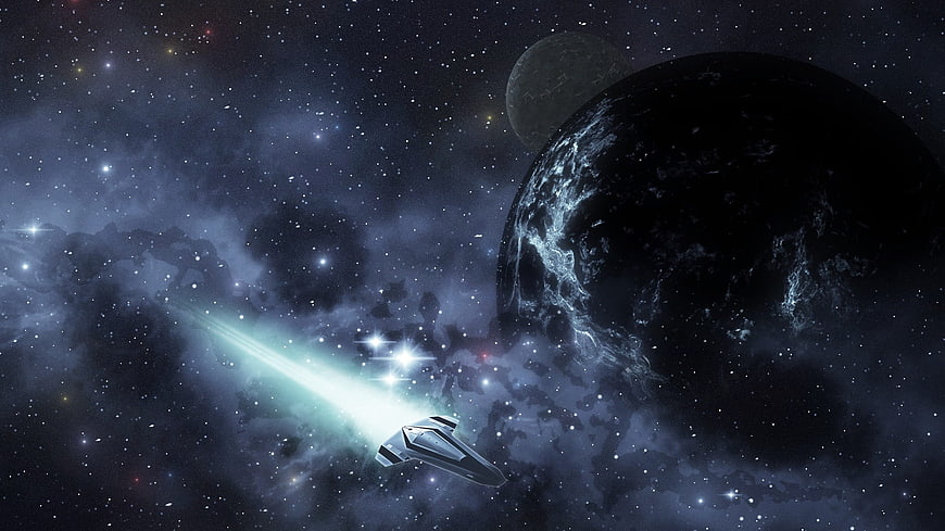 Futuristic Spaceship Flying Through Nebula Near Dark Planet