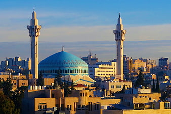 King Abdullah Mosque in Amman, Jordan with Blue Dome and Minarets