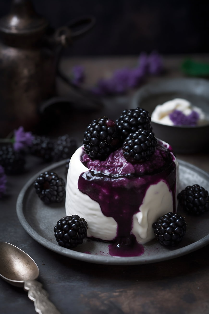 Dark moody blackberry cream dessert with berry sauce