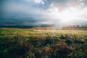 Dramatic Sunbeams Breaking Through Clouds Over Rural Grassland