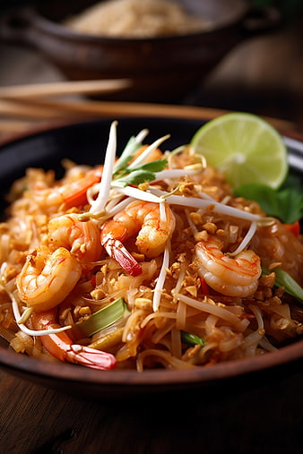Close-up of delicious Pad Thai with shrimp and lime