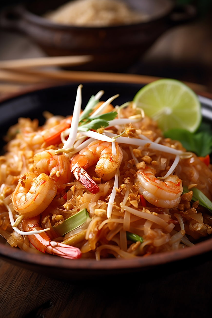 Close-up of delicious Pad Thai with shrimp and lime
