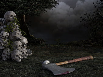 Dark Fantasy Axe and Skulls in Misty Forest