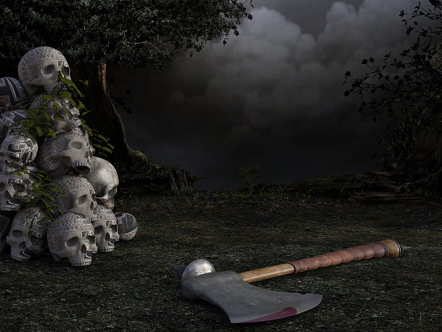 Dark Fantasy Axe and Skulls in Misty Forest