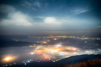 Night View of Aso Caldera Sea of Clouds in Kumamoto Japan