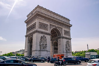Arc de Triomphe in Paris with Traffic and Eiffel Tower