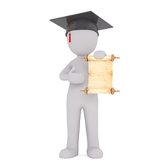 3D graduate character holding diploma scroll on white background