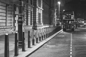 Vintage Black and White London Bus Night Street
