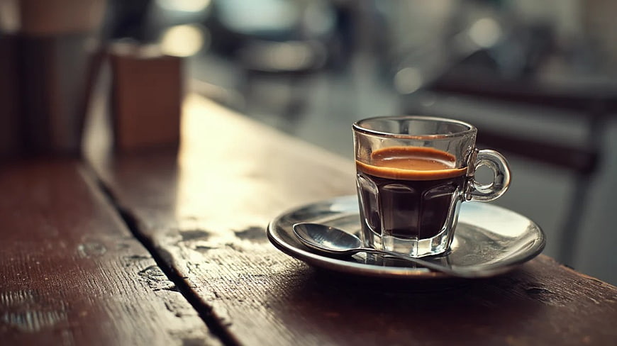 Espresso in Glass Cup on Rustic Wooden Table
