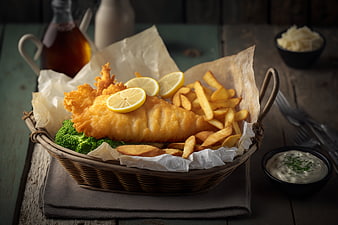 Classic Fish and Chips with Broccoli and Tartar Sauce