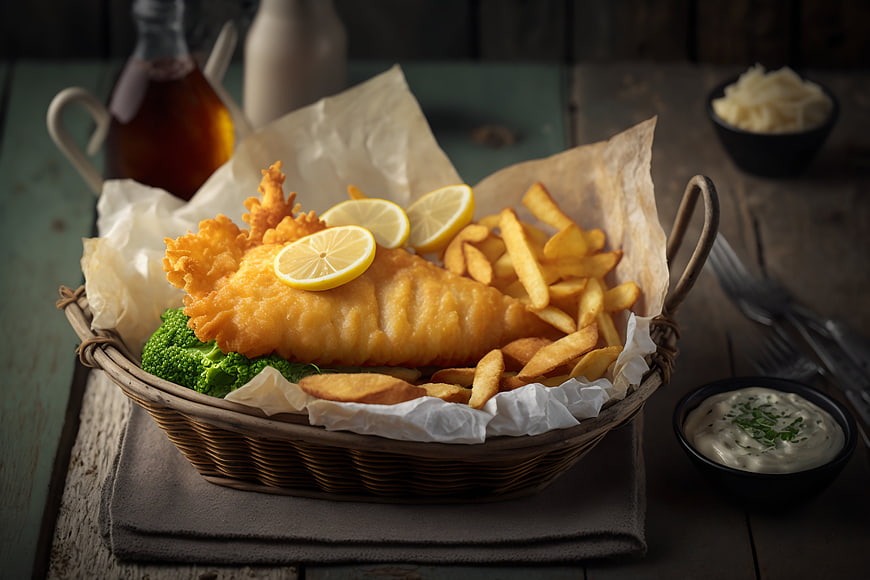 Classic Fish and Chips with Broccoli and Tartar Sauce