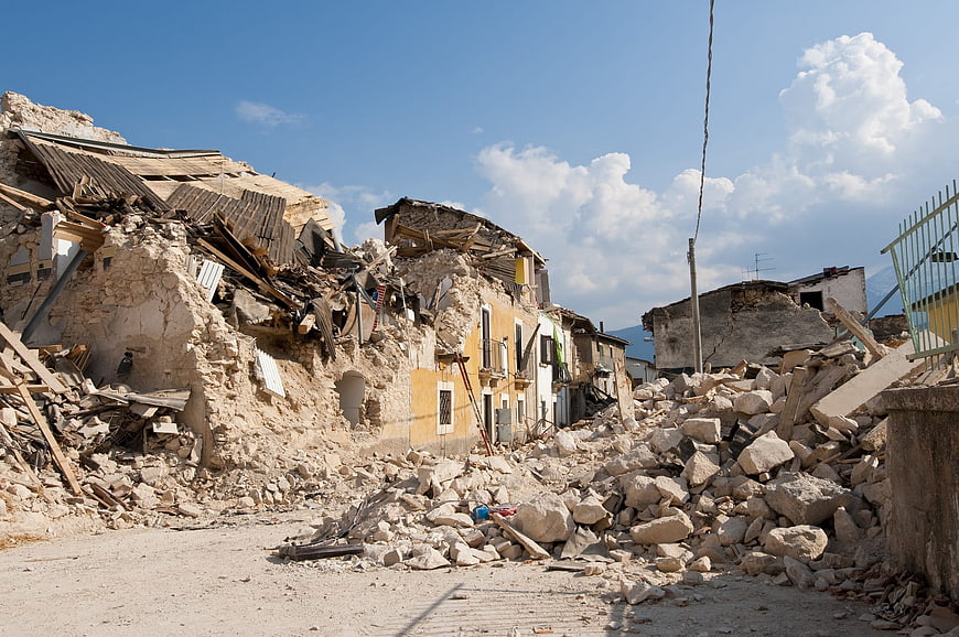 Destroyed buildings and rubble in earthquake disaster zone