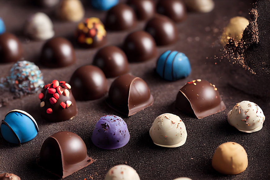 Colorful chocolate truffles and pralines on dark background