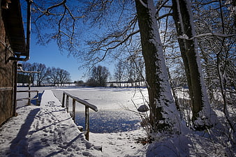 Snowy wooden dock on a frozen lake in winter