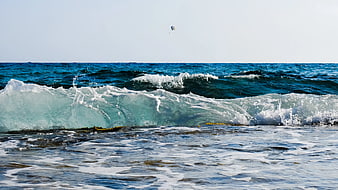 Dynamic ocean wave crashing on a sunny day