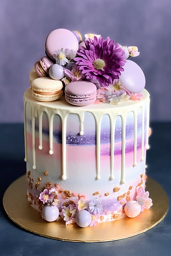 Elegant pastel drip cake with macarons and flowers