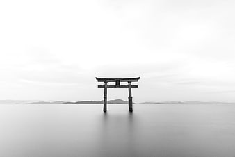 Minimalist Black and White Torii Gate in Lake Biwa