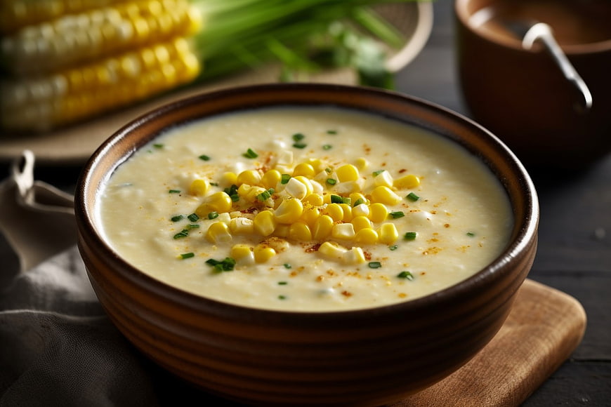 Creamy Corn Soup in Rustic Bowl with Fresh Garnish